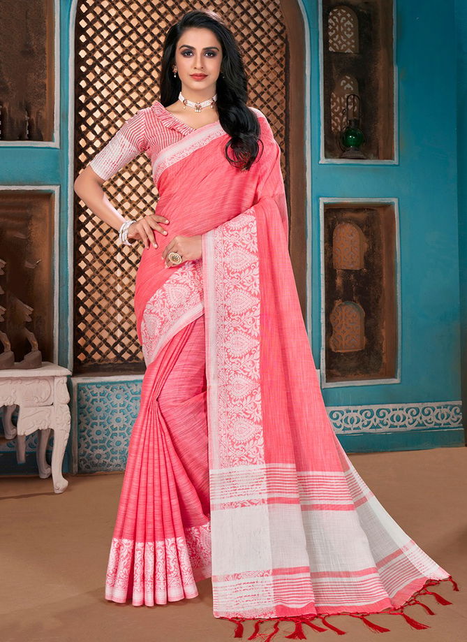 ASHIKA HAKOBA Stylish Festive Wear Fancy Cotton Linen With Resham Border Designer Saree Collection